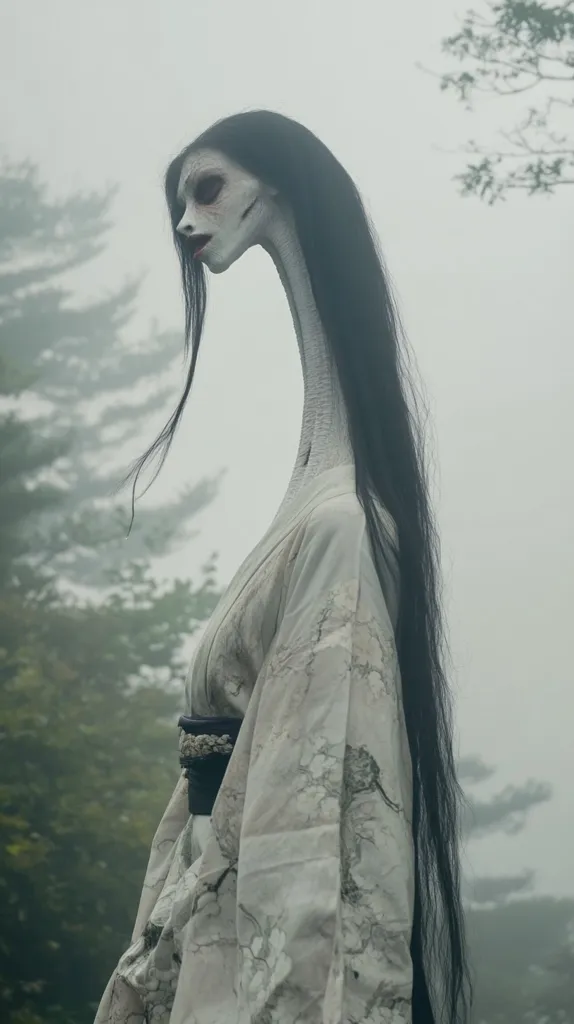 A woman with long black hair and a long, thin neck stands in a foggy forest. She wears a white kimono with a dark belt. Her face is pale, with dark eyes and a slightly open mouth. The background is obscured by fog and trees, giving the image an eerie and mysterious atmosphere.