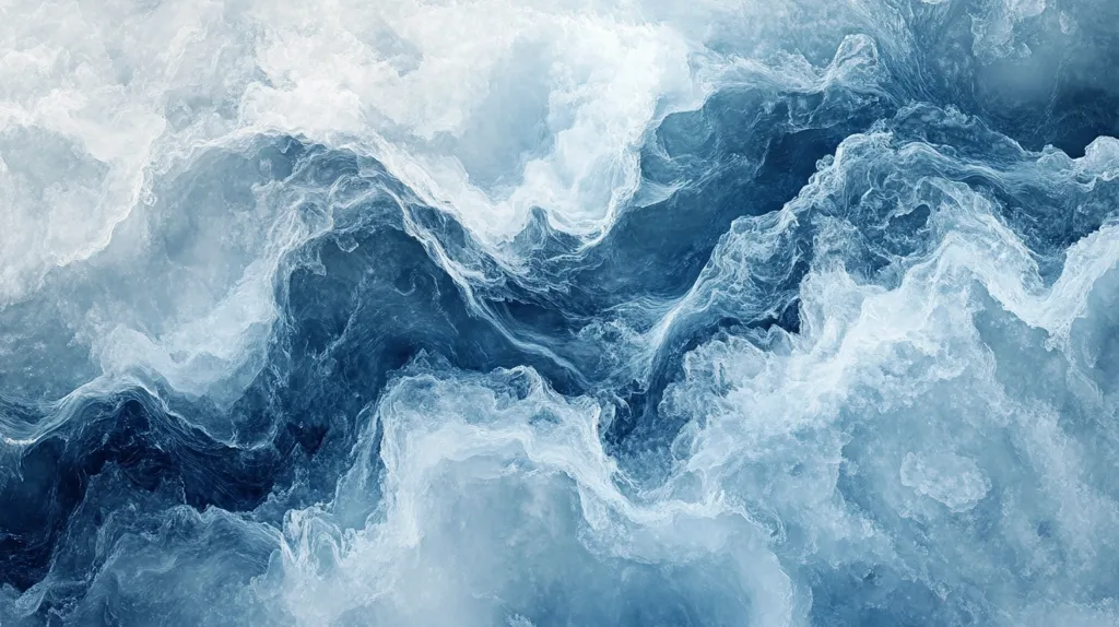 The image depicts a close-up view of a turbulent ocean surface. The water is a deep blue, with whitecaps forming a swirling pattern. The waves are large and powerful, creating a sense of depth and movement. The image is abstract and evokes a feeling of awe and wonder. The color palette is cool and calming, with shades of blue and white. The image could be used as a background or as a standalone piece of art.