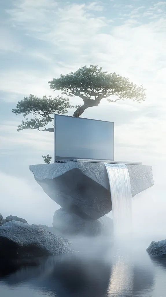 A silver laptop rests on a large, gray rock formation that floats above a misty lake. A waterfall cascades down from the rock, creating a serene and tranquil atmosphere. Two trees, one larger than the other, stand on the rock, their branches reaching towards the cloudy sky. The scene is bathed in a soft, ethereal light, creating a sense of calm and wonder.