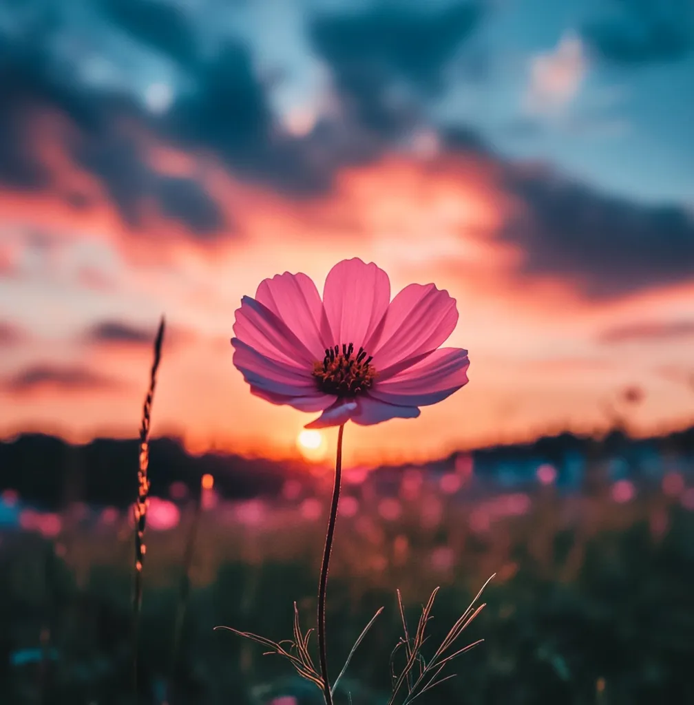 A single pink cosmos flower stands tall in a field of wildflowers, bathed in the warm glow of a setting sun. The sky behind it is a vibrant blend of orange, pink, and purple, creating a breathtaking backdrop for the delicate beauty of the bloom. The soft focus of the background emphasizes the flower's captivating presence in the field.