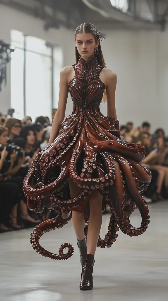 A fashion model walks down a runway wearing a dramatic, octopus-inspired gown. The dress is made of a dark, glossy material and features numerous tentacles that wrap around her legs and flow behind her. She has dark hair and makeup and is wearing high-heeled boots.  The gown is a striking example of avant-garde fashion.