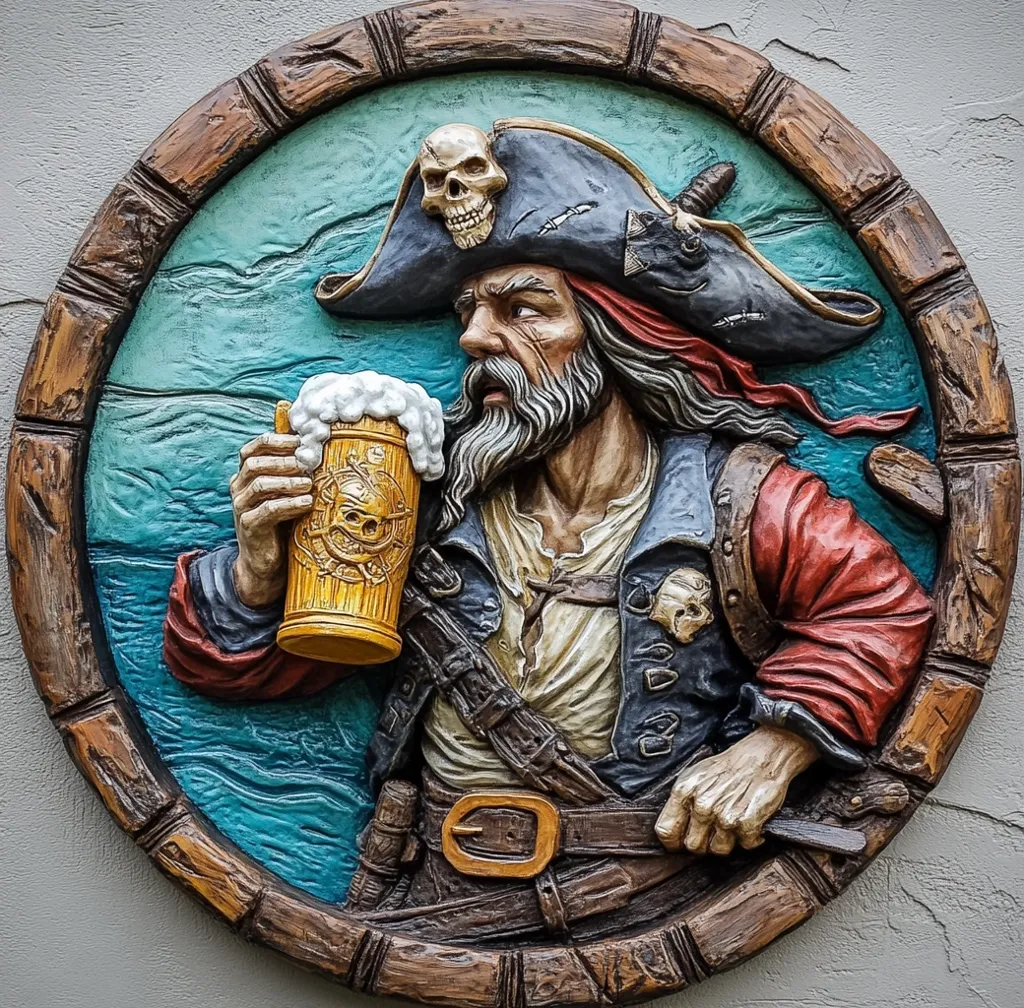 A 3D relief sculpture of a pirate in a wooden frame. The pirate is wearing a black tricorne hat with a skull and crossbones on it and a red bandanna. He is holding a beer mug in his right hand and looking to the left. He is wearing a red and blue shirt, a black leather belt with a gold buckle and a sword is tucked in his belt. The background is a blue and green depiction of the sea. The image is set against a plain white wall.