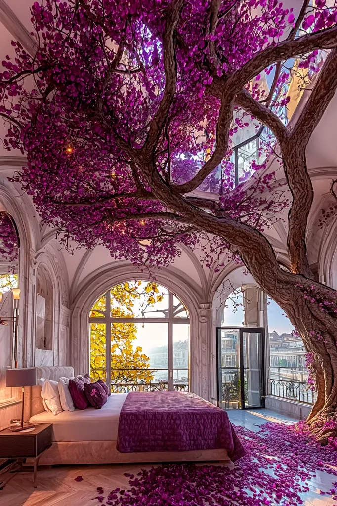 A large, blossoming tree, with vibrant purple flowers, grows through the ceiling of a luxurious bedroom. The room is bathed in natural light filtering through the tree's canopy.  A large, comfortable bed, draped in purple linens, stands in the center, surrounded by fallen petals.  A window provides a view of an autumnal tree and a distant cityscape.  The scene is both magical and romantic.