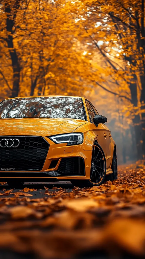 A bright yellow Audi is parked in a forest with a backdrop of trees with vibrant autumn leaves. The car's front grill and headlights are visible, along with a portion of the driver's side tire. The image is focused on the car, with the autumn leaves in the foreground and background slightly out of focus. The image captures a sense of tranquility and beauty.