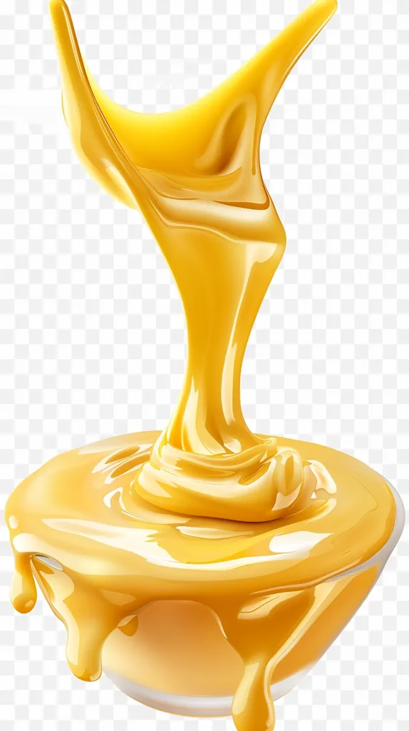 A bright yellow liquid, possibly honey or caramel, is pouring into a clear bowl. The liquid is thick and viscous, creating a beautiful swirl as it falls. The bowl is full of the liquid, and some of it is dripping over the edge. The background is a blurry, transparent checkerboard pattern, which adds to the overall sense of motion and fluidity.