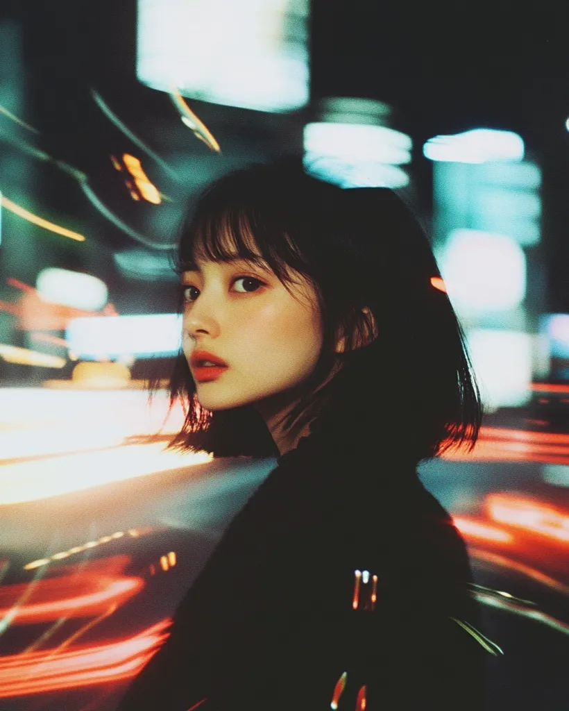 A young woman with dark hair and a black jacket stands in the foreground, looking out of frame to the left. Her face is illuminated by the bright light of the city, with streaks of red and yellow light passing behind her. The image has a cinematic feel, with the out-of-focus lights giving a sense of movement and energy.  The woman's expression is unreadable, adding to the enigmatic nature of the image.