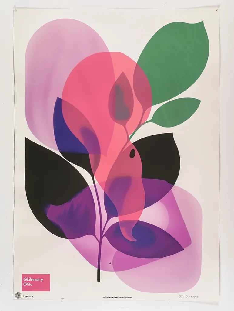 The image is a colorful abstract art print featuring a stylized flower. The flower is made of overlapping shapes in shades of pink, purple, and green, with a black stem and leaves.  The artwork has a geometric feel and is reminiscent of stained glass or origami. It has a bold and modern aesthetic. The title of the artwork is "Glibrary 004" and the artist's signature is in the bottom right corner.