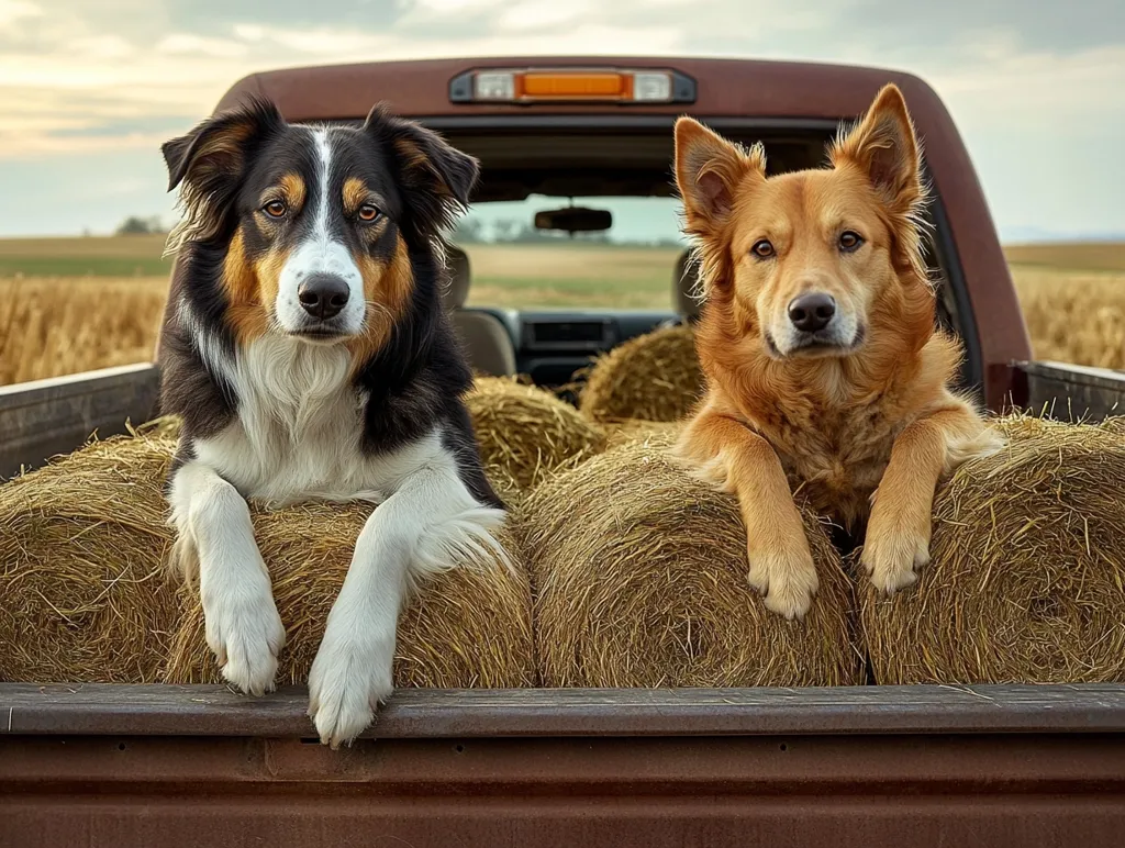 Two dogs, a black and white border collie and a golden retriever, are sitting in the back of a pickup truck bed filled with hay bales. They are both looking directly at the camera with serious expressions on their faces. The truck is parked in a field and the sky is overcast. The dogs' fur is soft and fluffy.  The image captures a moment of quiet contemplation and the dogs' contrasting personalities.
