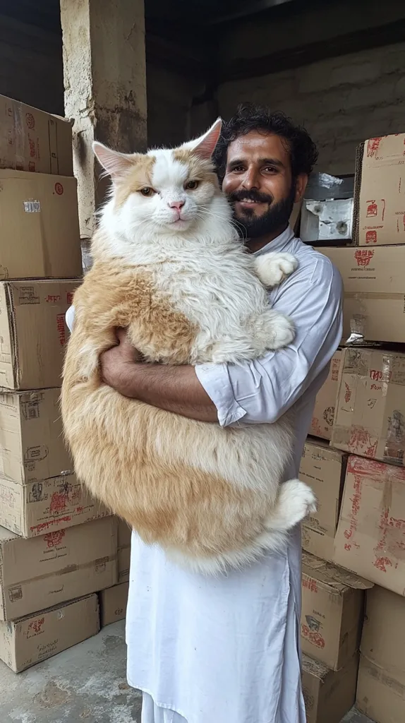A man in a white tunic holds a very large, fluffy, ginger and white cat in his arms. The cat is almost as tall as the man, and its fur is incredibly thick. The man is smiling, and the cat looks a bit grumpy, with its large, round eyes and its tail wrapped around the man's arm. The background is filled with stacks of cardboard boxes, likely in a warehouse or storage area. The scene suggests a unique and perhaps unexpected bond between the man and his oversized feline companion.