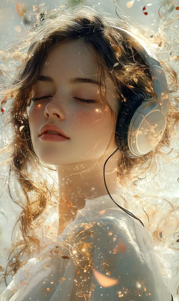Design a promotional poster for meditation music CDs, with a beautiful woman at the center wearing headphones, deeply immersed in listening to meditative music. The woman should have a serene expression, her eyes gently closed, conveying a sense of peace and relaxation. The CD should be prominently featured next to her, glowing with soft light, while musical notes flow from the CD toward her headphones, symbolizing the soothing sounds. Use calming colors like soft blues, lavenders, and warm golds to evoke tranquility. Around the woman, incorporate gentle elements like floating lotus petals or soft light rays. The text should be elegant and minimal, with phrases like 'Immerse Yourself in Inner Peace' or 'Discover the Healing Power of Meditation Music,' drawing viewers in to purchase the CDs. --ar 3:5 --s 750 --v 6.1