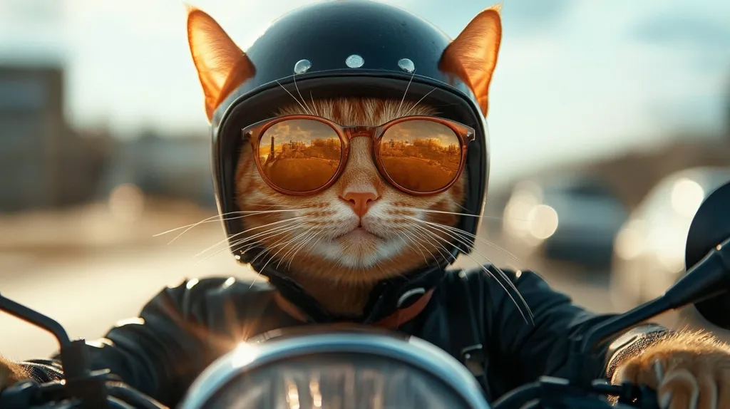 A ginger cat wearing a black motorcycle helmet and sunglasses is sitting on a motorcycle. The cat's face is serious and focused, its eyes peering out from behind the tinted lenses. The cat is wearing a black leather jacket and gloves. The motorcycle's handlebars are visible in the foreground. The background is out of focus, but it appears to be a road with other vehicles. The image is humorous and playful, suggesting a cat who is ready for adventure.