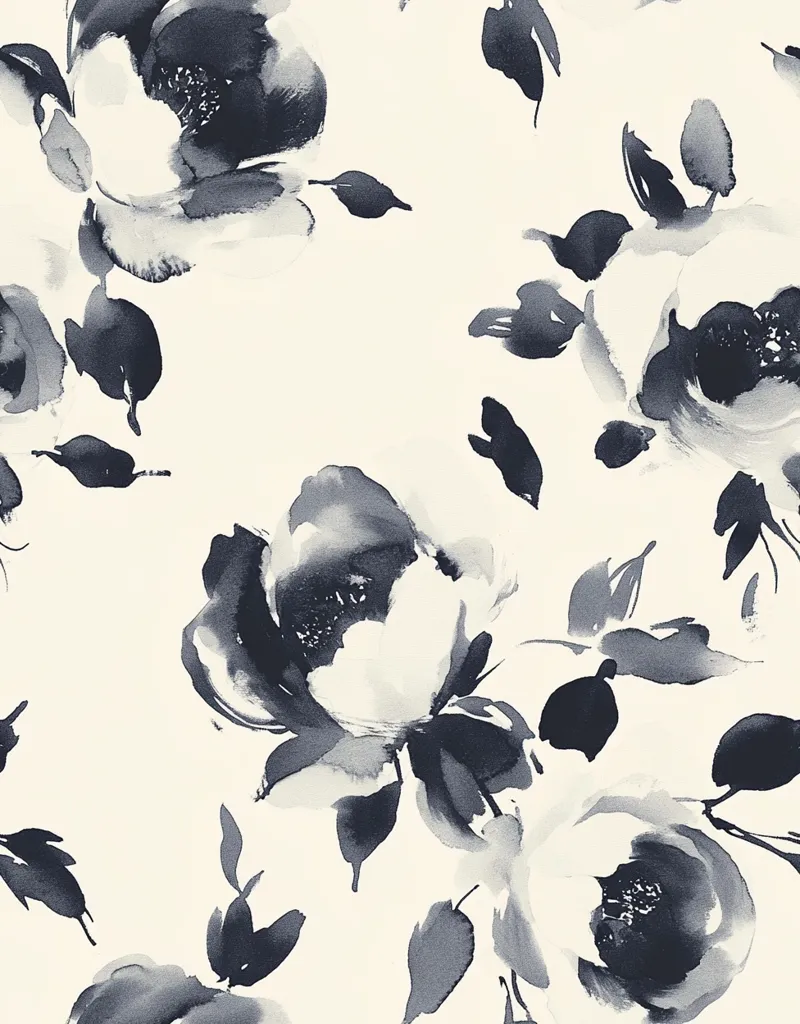 A watercolor painting of a floral pattern featuring large, dark-grey flowers with white centers, set against a light cream background. The flowers are painted in a loose, expressive style with soft edges and delicate details. The overall feel of the image is one of elegant simplicity and romanticism.