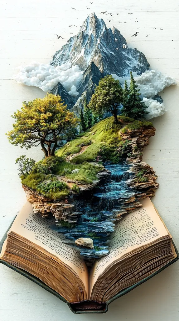 An open book reveals a 3D miniature world. A snow-capped mountain rises from the pages, with clouds swirling around its peak. A winding stream cascades down the mountainside, passing through a lush, green forest. Birds fly overhead, adding a sense of tranquility to the scene. The book serves as a portal to a hidden, magical world.
