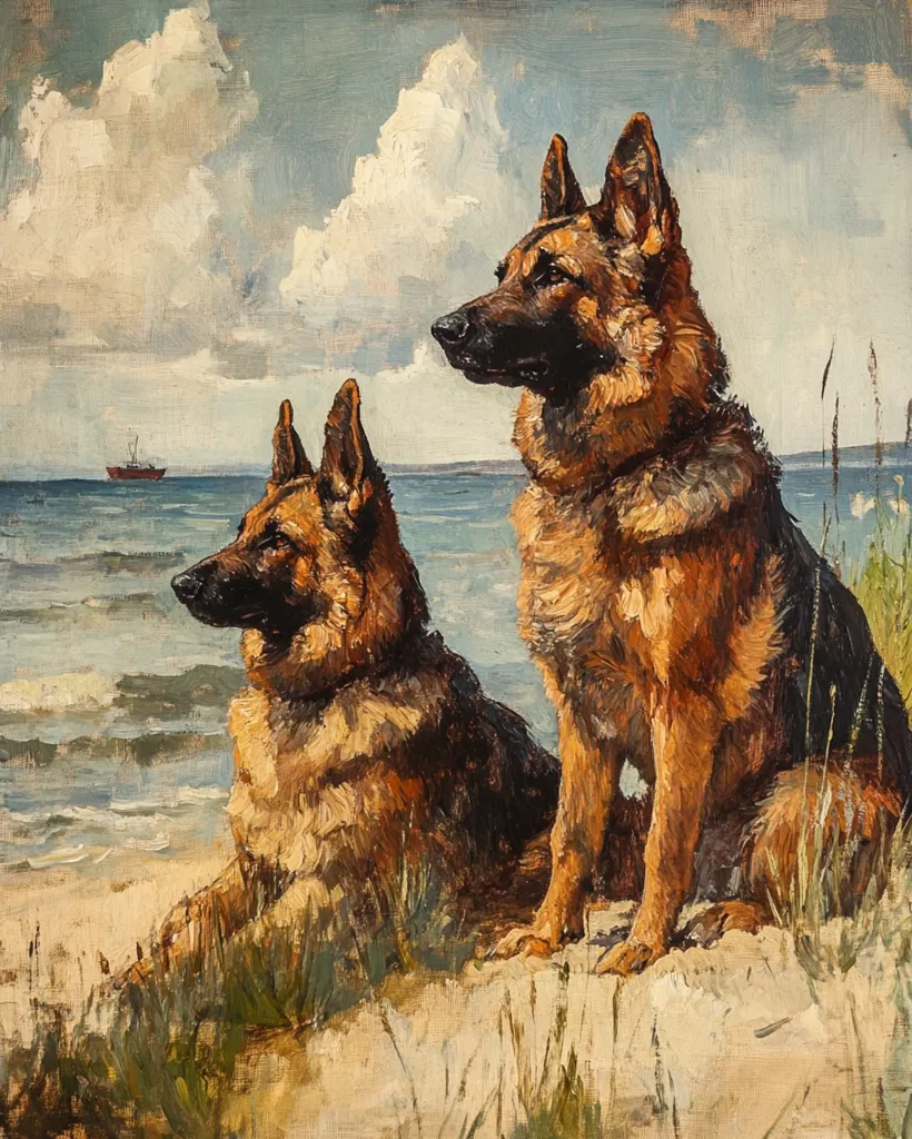 Two German Shepherd dogs are sitting on a sandy beach. The larger dog is sitting on the right side of the painting, while the smaller dog is sitting on the left. Both dogs are looking towards the left side of the painting, where a boat is visible in the distance. The painting is done in a realistic style. The background shows a blue sky with white clouds and a body of water. The dogs are painted in brown and black, with the sand painted in a light brown color.  The painting was likely created in the early 20th century.