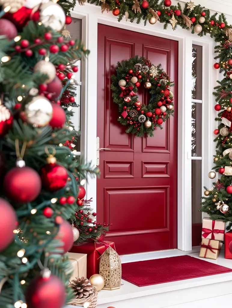A red front door is adorned with a Christmas wreath, and the surrounding area is decorated with garland, wrapped presents, and a tree with red and gold ornaments. The scene is warm and inviting, suggesting a festive atmosphere.  The door is a focal point, with its bright red color and the wreath, inviting visitors to enter.  The image captures the spirit of Christmas with its cheerful colors and festive decorations.