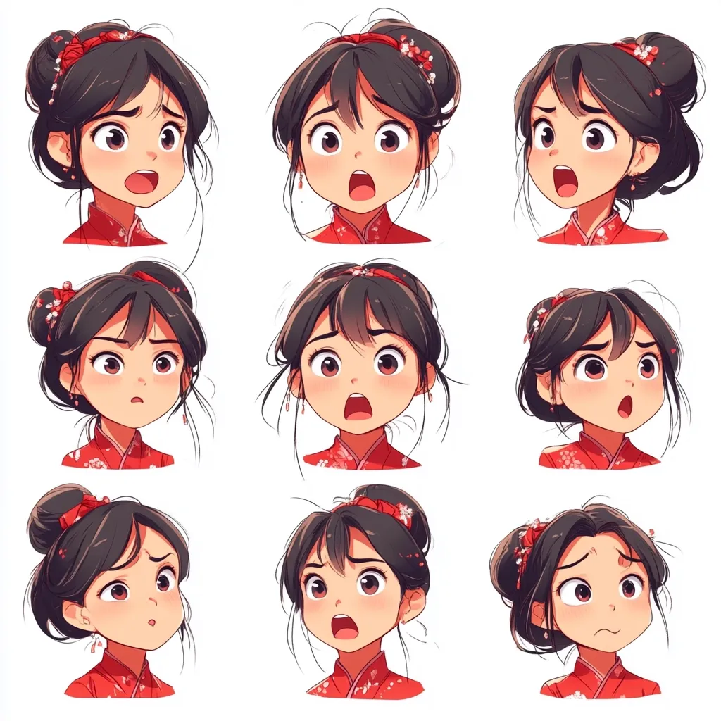 The image shows nine different facial expressions of a young woman with black hair, styled in a bun, and wearing a red and white traditional dress. Her eyes are wide, and she is shown displaying a variety of emotions, including surprise, shock, concern, and confusion. Each expression is depicted with subtle changes in her eyebrows, mouth, and eyes. The overall style is cartoonish and playful.
