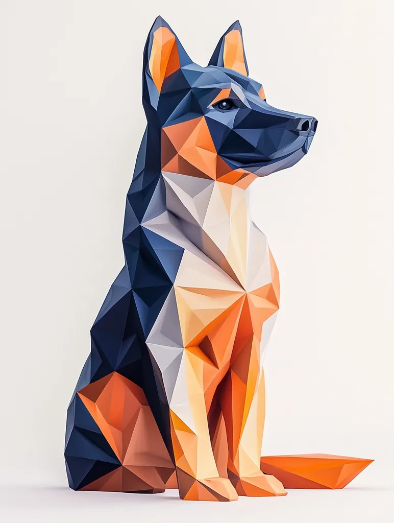 The image depicts a German Shepherd dog rendered in a low-poly style. It is sitting with its head turned to the side and its tail curled behind it. The dog is made up of triangles of different colors, primarily blue, white, and orange, which create a geometric and abstract look. The background is a simple white, allowing the dog to stand out.
