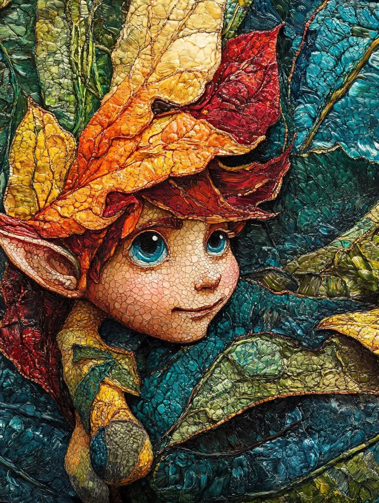 A close-up portrait of a young fairy with large blue eyes and red hair. The fairy is partially obscured by leaves in various shades of green, yellow, orange, and red. The leaves are painted in a textured style that appears to be made of small, individual brushstrokes. The image evokes a sense of wonder and magic.