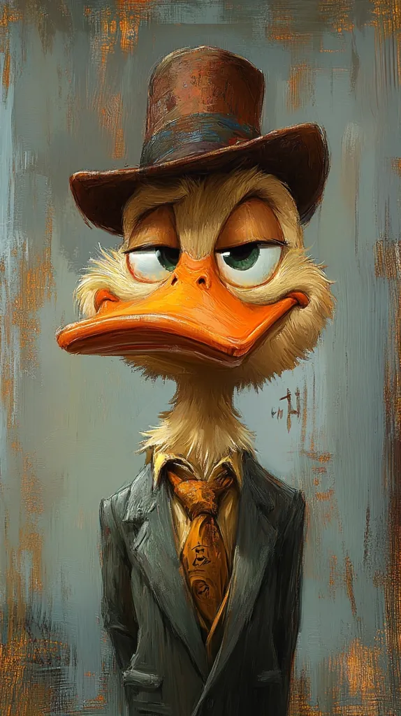 The image depicts a cartoon duck wearing a brown top hat and a grey suit with an orange tie. The duck has a serious expression on its face, with its eyebrows furrowed and its eyes narrowed. The background is a textured blue-grey, creating a stark contrast with the duck's bright colors. The overall tone of the image is humorous, with the duck's serious demeanor contrasting with its absurd attire. The artist's signature is visible in the lower right corner.