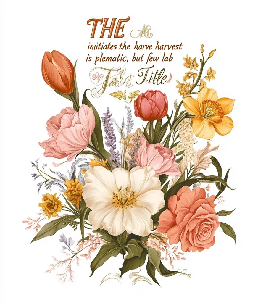 A bouquet of flowers in shades of pink, yellow, and orange are arranged in a cluster with lush green leaves. The flowers include tulips, roses, and daffodils. There is a text overlay that reads "The initiates the harve harvest is plematic, but few lab". The overall image is a vintage-style illustration with a romantic and delicate aesthetic.