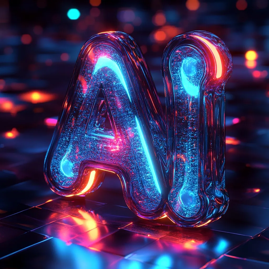 The image shows a 3D rendering of the letters "AI" in a futuristic style. The letters are made of a shiny, metallic material that reflects the surrounding lights. The "A" is blue with a pink neon glow, while the "I" is pink with a blue neon glow. The letters are set against a backdrop of blurred lights, creating a sense of depth and atmosphere.  The image evokes a sense of technology and innovation.
