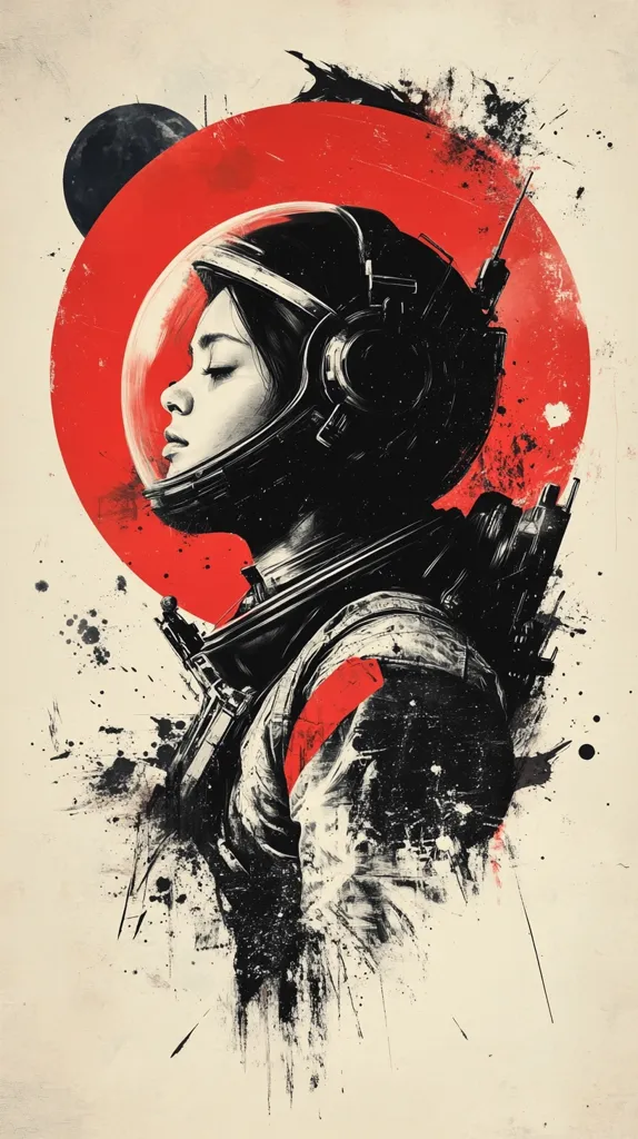 The image depicts a woman in a spacesuit, her face partially obscured by the helmet. She is positioned in front of a large, red circle that resembles a planet or sun. The background is a splatter of black ink on a cream canvas, adding a dramatic and abstract effect to the composition. The overall mood is one of solitude and contemplation, hinting at the vastness of space and the human yearning for exploration.