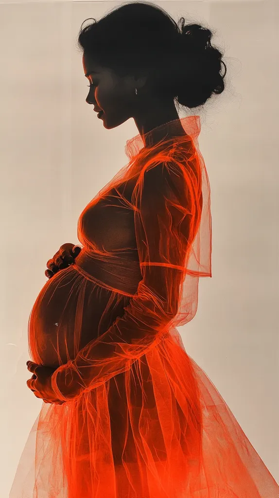 A pregnant woman in a bright orange tulle dress stands with her back to the camera, her head turned to the side. Her hair is pulled back and her face is partly obscured by the fabric of the dress. She is holding her hands on her stomach, and the light coming through the dress creates a glowing effect. The image is shot from a low angle.  The silhouette of the woman is highlighted against the white backdrop.