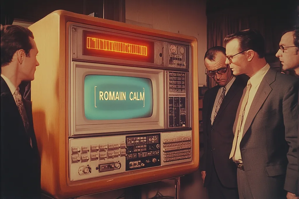 Four men in suits stand in front of a large, retro-looking computer console with a screen displaying the words "ROMAIN CALM" in yellow text. They are all looking at the screen, and one of them is pointing at it. The console has a wooden exterior and a variety of buttons and dials. The photo captures a moment of suspense and curiosity as they observe the message on the computer.