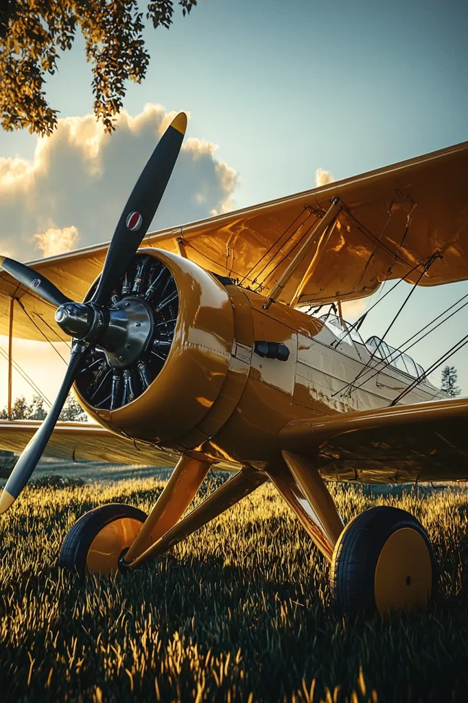 A vintage yellow biplane sits in a field of tall grass. The plane is facing towards the left of the image, with its propeller facing the camera. The sun is setting in the background, casting a golden glow on the plane and the field. The plane's wings are outstretched, and its landing gear is down. The plane is in pristine condition, and the grass is lush and green.
