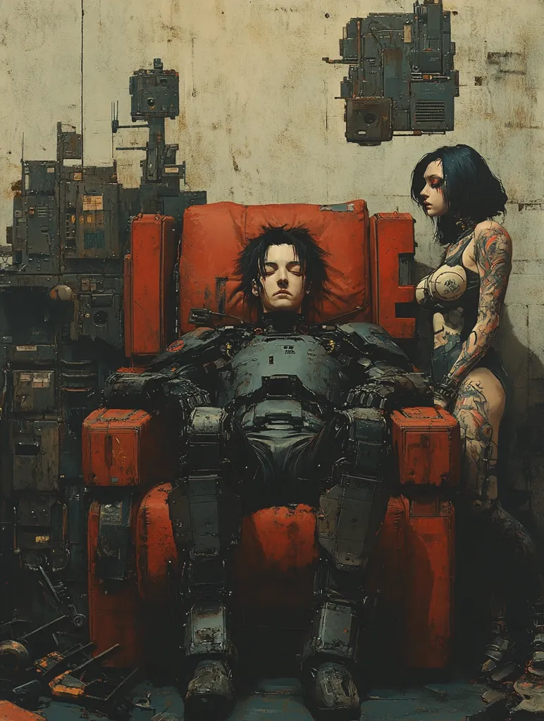 A futuristic scene with a cyborg seated in a red armchair. The cyborg is wearing a dark grey armored suit, and his eyes are closed as if he is resting. A woman with dark hair and tattoos stands to the right of the chair, looking at the cyborg with concern. The background is a worn, industrial wall with various metallic objects scattered around. The image evokes a sense of mystery and intrigue.