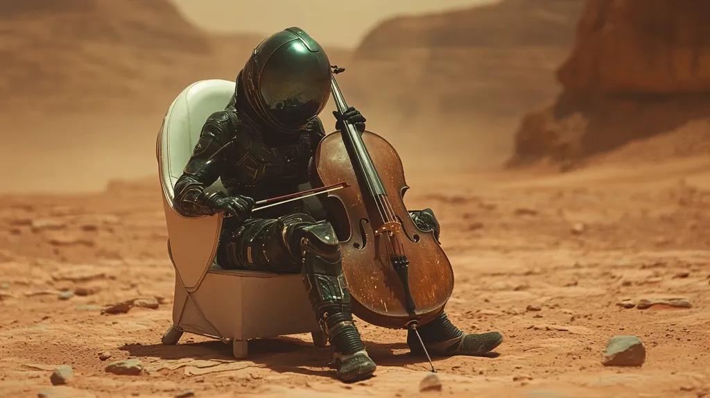 An astronaut, clad in a dark spacesuit and helmet, sits in a white chair on the surface of Mars. They hold a large cello, its bow resting on the strings, suggesting a moment of quiet contemplation or musical expression amidst the red, dusty landscape. The astronaut's position and the cello create a sense of solitude and the vastness of the Martian environment.