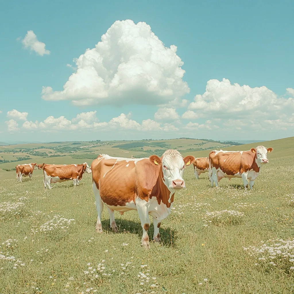 A group of four brown and white cows graze in a field of green grass under a bright blue sky.  Fluffy white clouds float above.  The cows are in a line, with the closest one looking directly at the camera.  The field is covered in small white flowers.