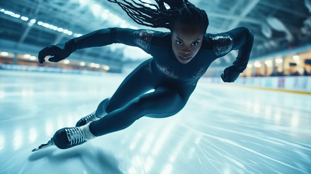 A young woman with long braids is skating on an ice rink. Her black skating suit and gloves make a sharp contrast to the bright, icy surface. She is leaning forward, her face concentrated as she glides across the ice with speed and grace. The blur of motion creates a sense of energy and dynamism.