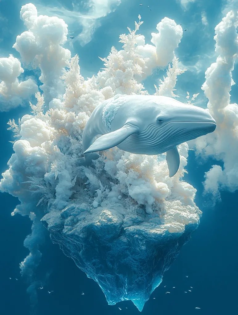 A large, white whale with a grey underbelly swims through a surreal underwater landscape. The whale is partially submerged, with its body appearing to be in a cloud of white, wispy smoke. The smoke is coming from a large, rocky island, which appears to be floating in the blue water.  The scene is whimsical and dreamlike.