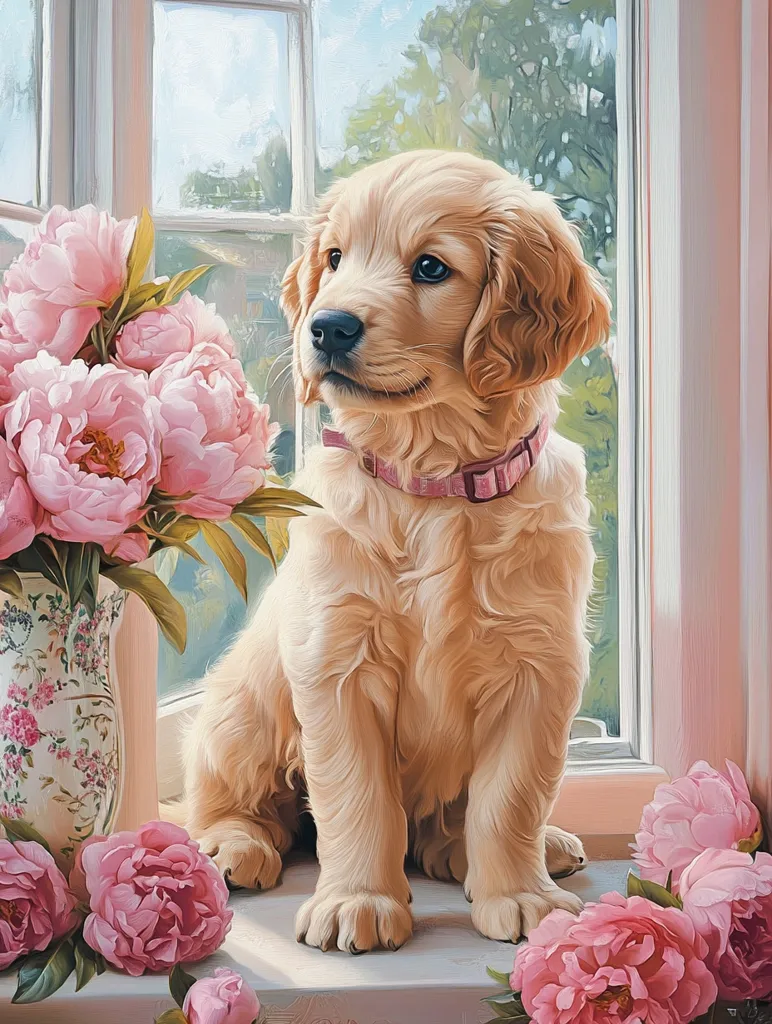 A golden retriever puppy sits on a windowsill, looking out the window. It is wearing a pink collar and surrounded by pink peonies. The puppy has a soft, fluffy coat and big, brown eyes. The windowsill is white, and the background is blurry. The image evokes a sense of calm and tranquility.