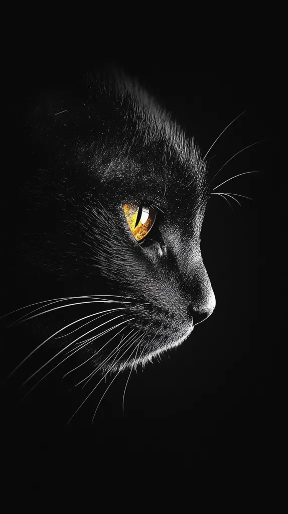 The image shows a close-up of a black cat's face, with only the eye and whiskers visible against a dark background. The cat's eye is bright yellow, contrasting with the black fur. The image has a high contrast and a dramatic feel, emphasizing the cat's sharp features. The black fur is soft and velvety, while the whiskers are long and delicate. The image captures the cat's mysterious and alluring nature.