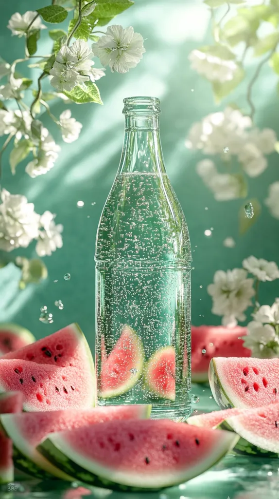 A glass bottle of sparkling water sits on a table with slices of watermelon. The bottle is filled with bubbles and the water is crystal clear. The watermelon is bright red and juicy. White flowers are in the background, and the scene is bathed in a soft, green light. The image evokes a sense of refreshing and summery delight.