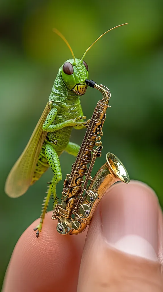 A green grasshopper is perched on a finger, holding a miniature gold saxophone. It appears to be playing the instrument with its front legs. The image is a humorous and creative depiction of a small creature enjoying music. The background is a blurred green foliage.