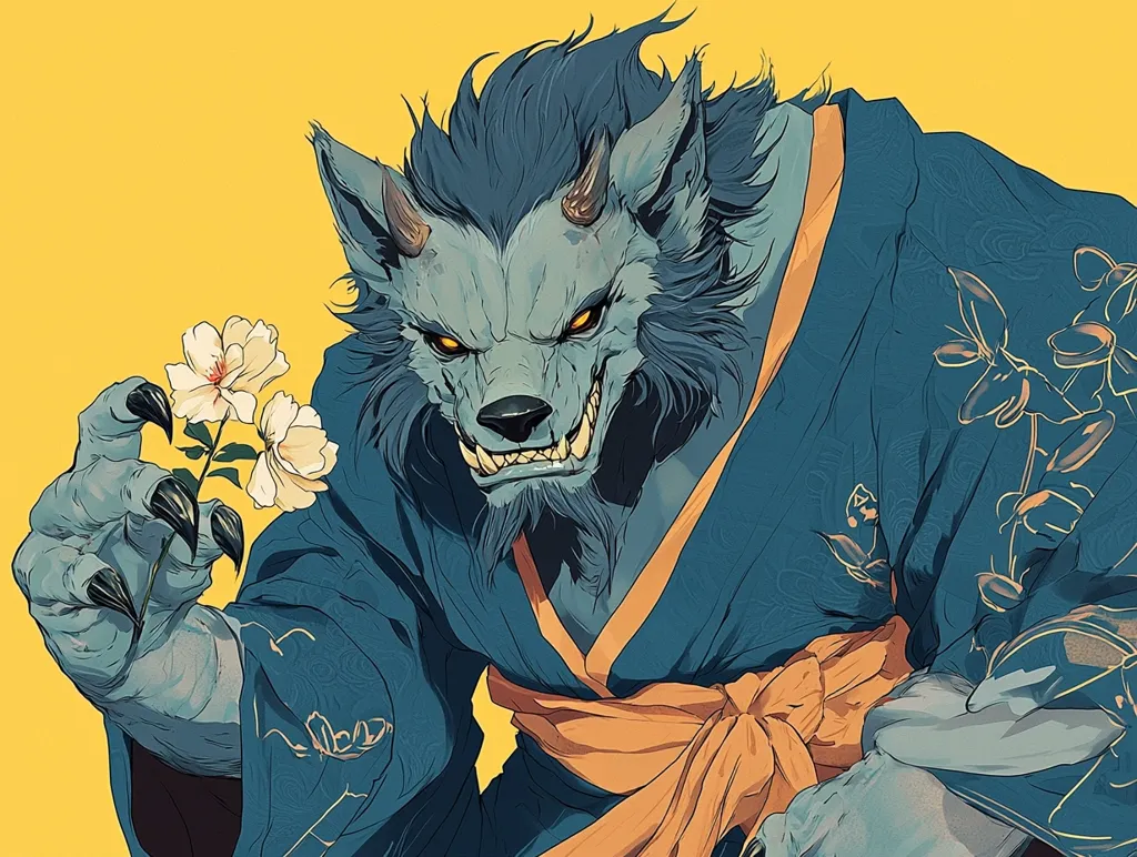A blue werewolf with sharp claws and a menacing grin is wearing a blue and orange kimono. It is holding a white flower in its hand. The background is a solid yellow. The image is drawn in a cartoon style.  The contrast of the gentle flower and the menacing creature creates a powerful juxtaposition.