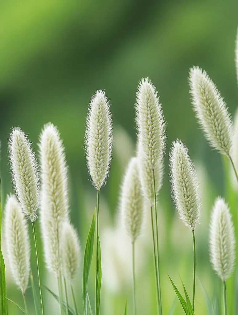 A field of tall, feathery white grasses stand tall against a blurry background of green foliage. The soft, delicate plumes sway gently in the breeze, creating a serene and peaceful atmosphere. The image is a study in contrasts - the harshness of the green foliage softened by the fluffy white grasses.