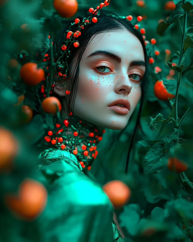 A woman with dark hair and striking makeup is adorned with a crown of red berries. Her eyes are framed with bold eyeliner and her lips are a soft pink. She is wearing a teal dress and is surrounded by lush green foliage. The light from the sun casts a warm glow on her skin, highlighting her features. The image has a dreamy, ethereal quality, as if she is a magical being from a fairytale.