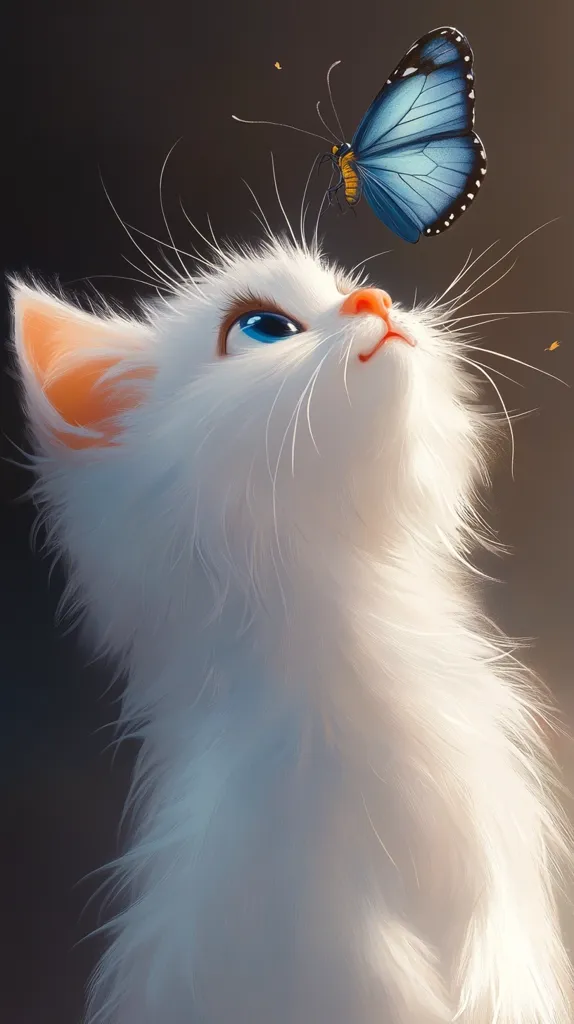 A fluffy white kitten with blue eyes gazes upwards at a blue butterfly with black markings, its wings spread wide. The kitten's whiskers are prominent, and its fur is soft and luminous. The background is a soft, blurred brown. The image evokes a sense of wonder and innocence.