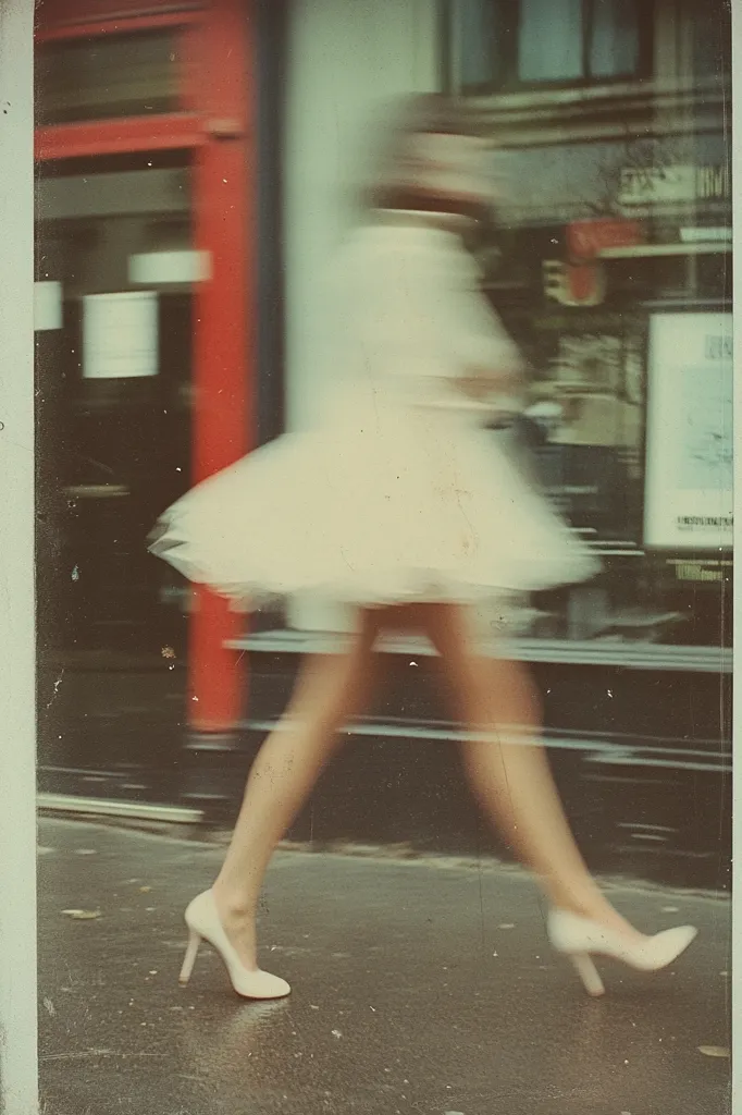 A blurry photo of a woman in a white dress walking down a city street. She is wearing white heels and her legs are long and slender. The photo has a vintage, grainy aesthetic.
