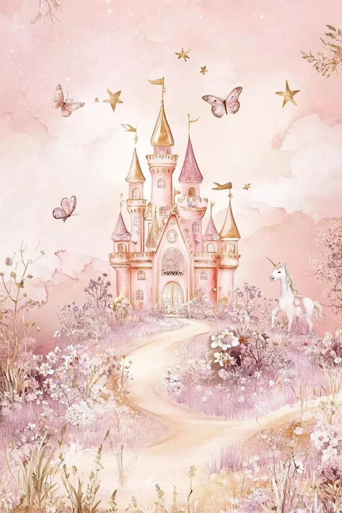 The image depicts a whimsical fairytale scene with a pink castle adorned with golden accents.  A winding path leads to the castle, surrounded by blooming pink flowers and lush green foliage.  A unicorn grazes peacefully in the meadow, while butterflies flutter in the air.  The soft pink and gold hues create a magical and enchanting atmosphere.  Golden stars twinkle in the sky above.