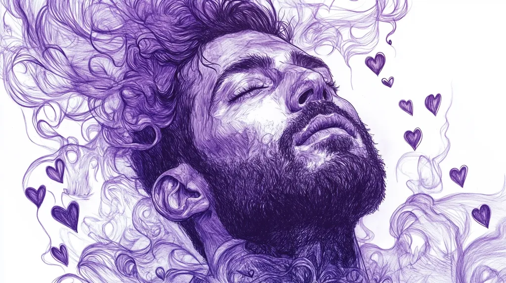 A detailed pen and ink drawing of a man with curly hair and a beard, his eyes closed and face tilted upwards. He is surrounded by purple swirls and hearts, evoking a sense of dreamy love or romanticism. The intricate lines and delicate shading create a soft and ethereal atmosphere.