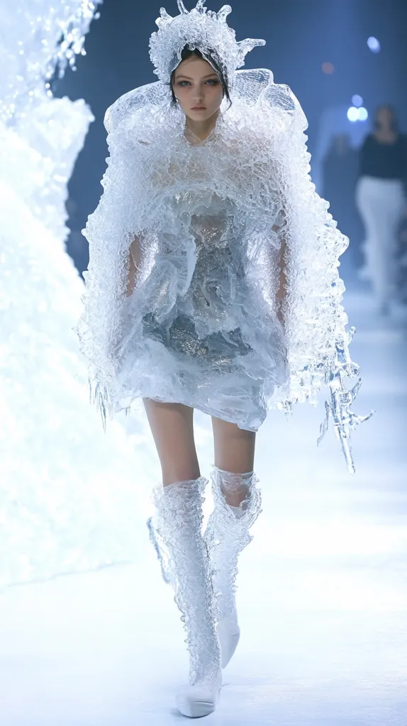 A model walks down a runway wearing a white, ice-like gown and matching boots. The gown is made of translucent material, resembling frozen water or ice crystals. The model's hair is styled in a simple updo, and she has a neutral expression on her face. The background is blurry and out of focus, highlighting the model and her outfit. The overall aesthetic is ethereal and futuristic.