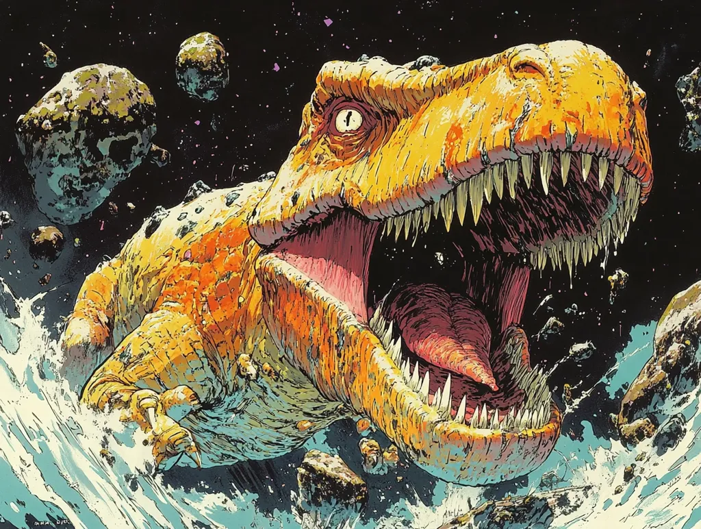 A large, yellow dinosaur with a gaping maw and sharp teeth is depicted against a dark, starry background.  The dinosaur's body is textured with scales and its tongue is extended,  creating a sense of ferocious energy. Scattered around the dinosaur are large, rocky asteroids, suggesting a cosmic setting. Water splashes around the dinosaur's feet, implying movement and power.  The overall image evokes a sense of danger and primal intensity.