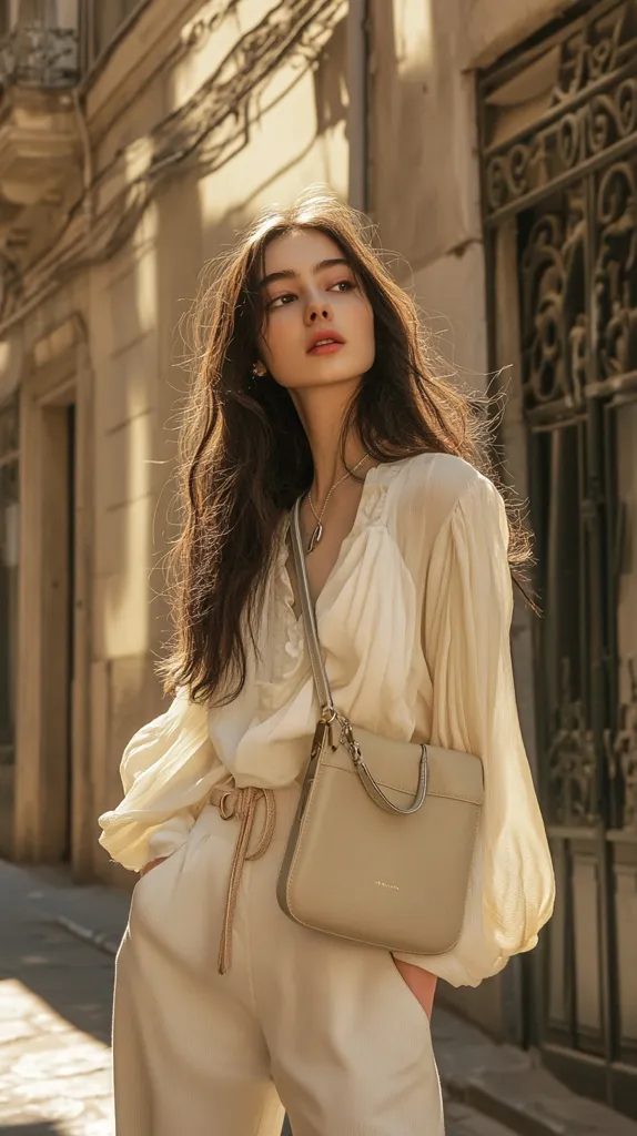 A young woman with long dark hair is standing in a European city street. She is wearing a white blouse with a light beige belt and pants. She is carrying a light beige handbag. The image is taken from a low angle, with the woman's face looking slightly up at the camera. The image has a warm, natural light. The background of the image is a light brown brick building with a wrought iron gate.