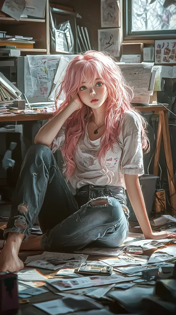 A young woman with long pink hair sits on a floor covered in papers, her chin resting on her hand. She wears a white t-shirt with a faint design and ripped blue jeans. She looks thoughtfully at something off-camera, a necklace with a small pendant visible around her neck. The image is lit by sunlight streaming through a window, creating a warm atmosphere.