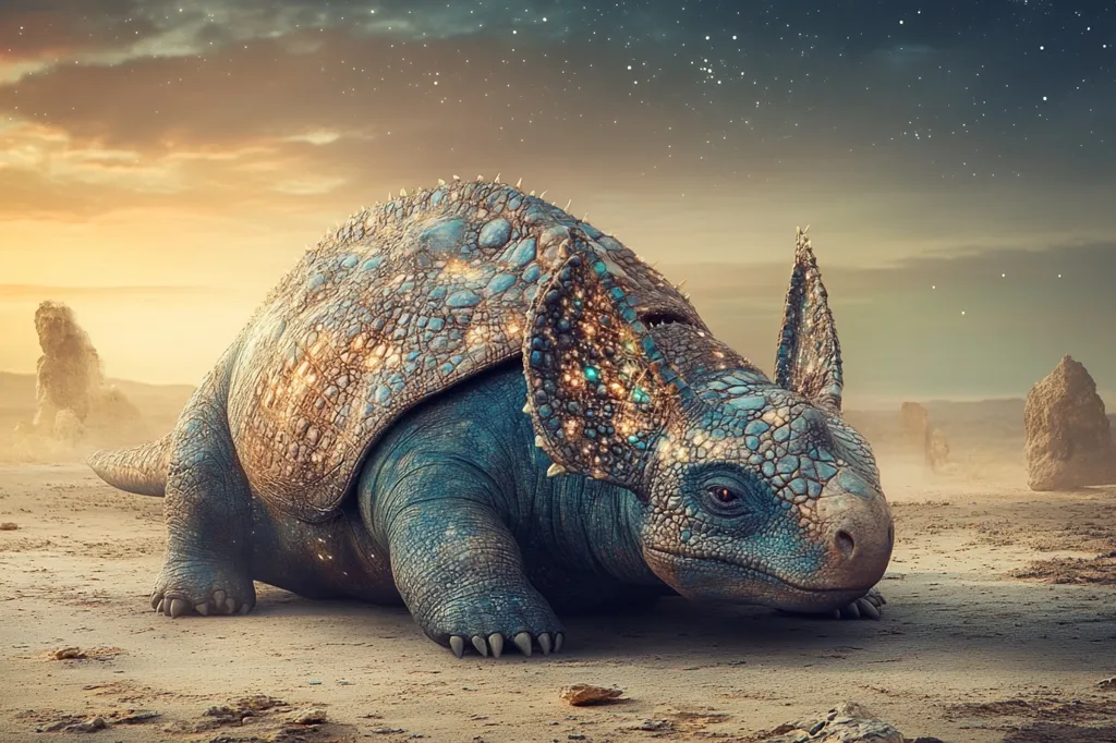 A large, blue, scaly creature with large ears and a pointed snout lies on a sandy plain under a sunset sky. The creature's skin is covered in glowing, golden dots, and its eyes are large and dark. The background features a few rocky outcrops and a starry night sky. The image evokes a sense of wonder and mystery.